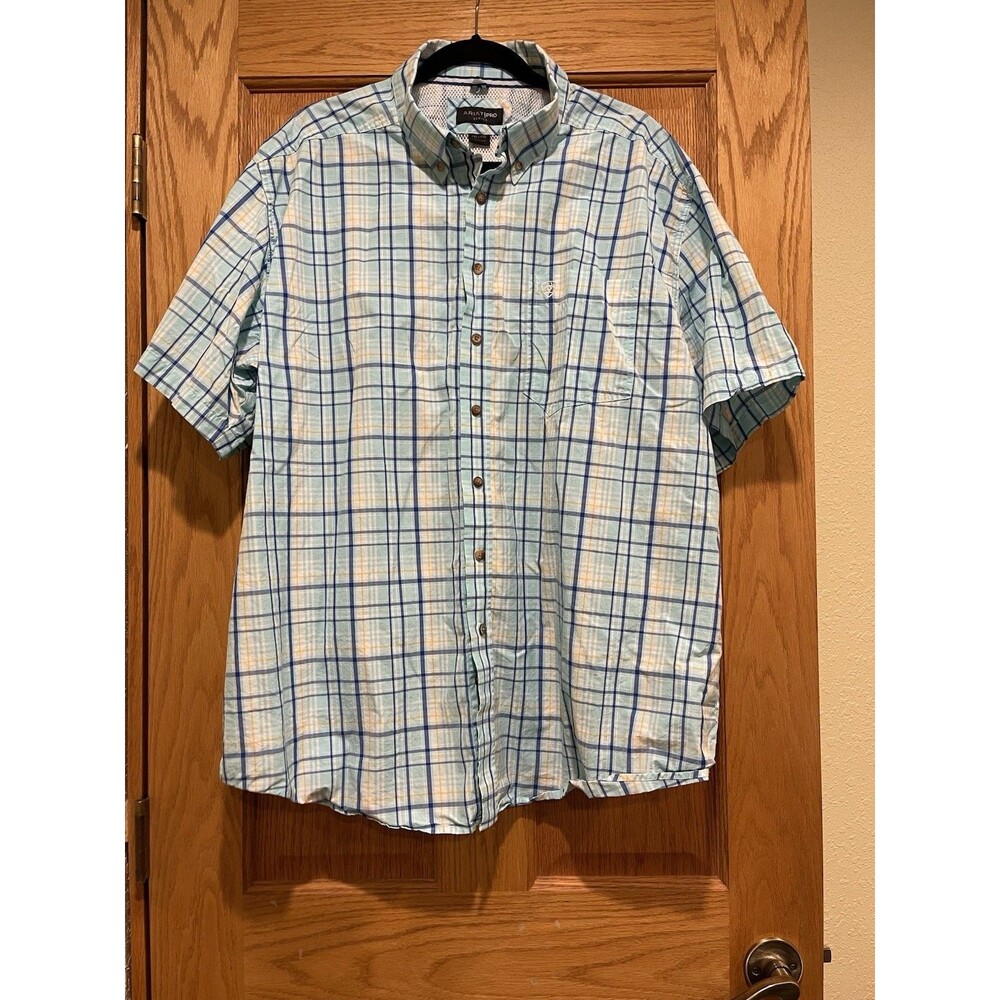 Ariat Pro Series Mens Button Down Shirt XXL Short Sleeve Plaid Aqua White Blue